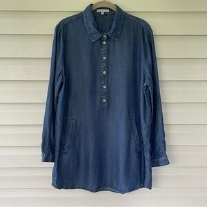 Joan Vass Studio Half Button Dark Blue Chambray Tencel Tunic Dress Size L
